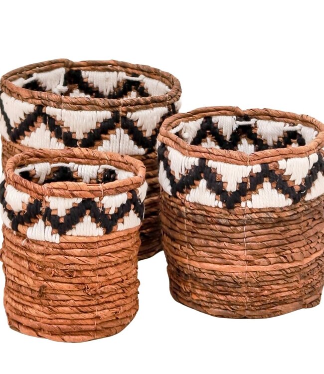 Kleine Mand Rond voor Planten of als Opbergmand | Geweven Boho Mand SADARA met Macrame Patroon