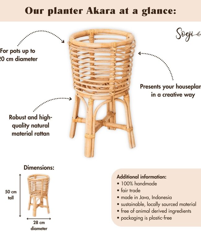 Rotan Plantenstandaard Rond – Boho Plantenbak – Rotan Plantenmand – Natuurlijke Bloemenstandaard voor Potten tot Ø20 cm AKARA