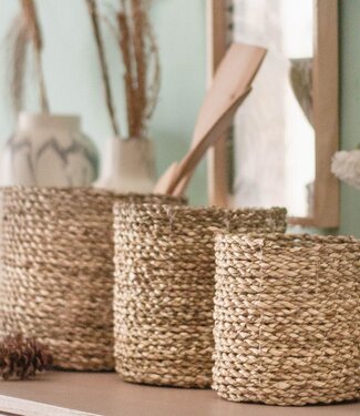 Kleine Zeegras Mand BHINNEKA | Plantenmand | Geweven Boho Mand | Plantenbak | Decoratieve mand | Kleine Opbergmand | Ronde bloemenmand
