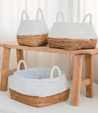 Soeji Geweven opbergmand wit – Boho decoratieve mand – vierkante wasmand – plankmand gemaakt van bananenvezel MAJALENGKA wit (3 maten)