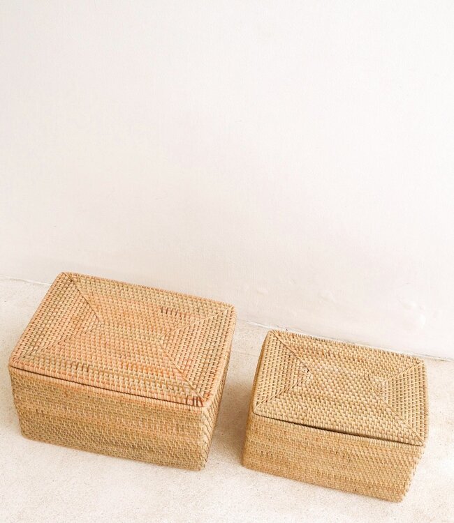 Opbergmand met deksel – Plankmand gemaakt van beige rotan – Handgeweven decoratieve mand GRAHA (2 maten)