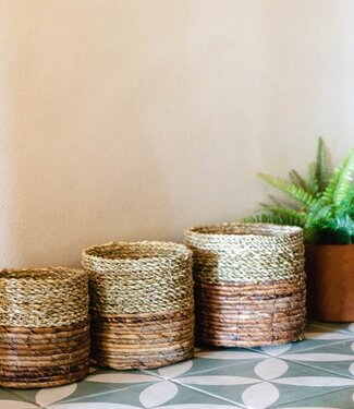 Kleine zeegrasmand BHINNEKA (tweekleurig) | Plantenmand | Kleine opbergmand | Geweven Boho-mand | Plantenbak | Decoratieve mand | Ronde bloemenmand