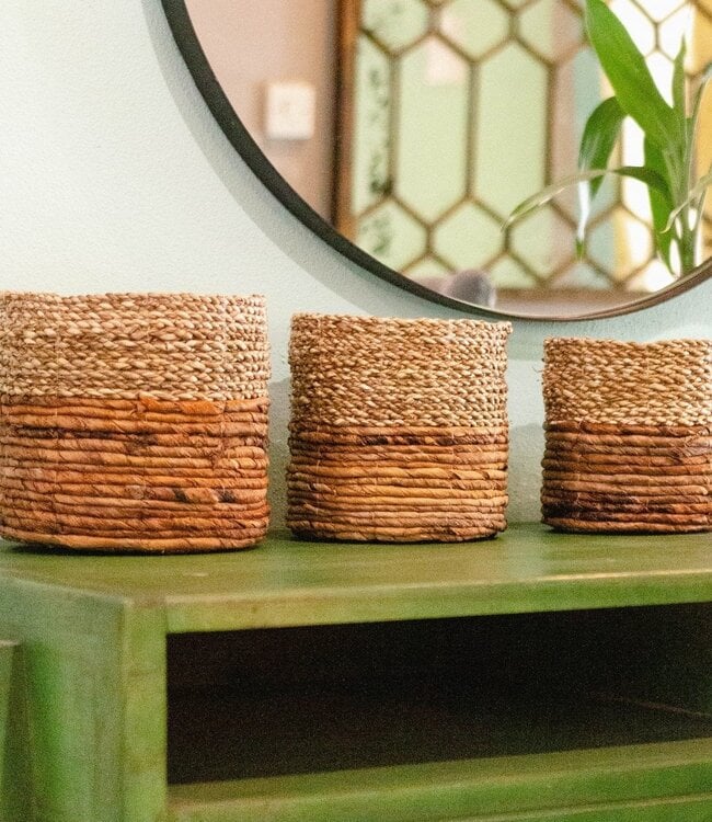 Kleine zeegrasmand BHINNEKA (tweekleurig) | Plantenmand | Kleine opbergmand | Geweven Boho-mand | Plantenbak | Decoratieve mand | Ronde bloemenmand