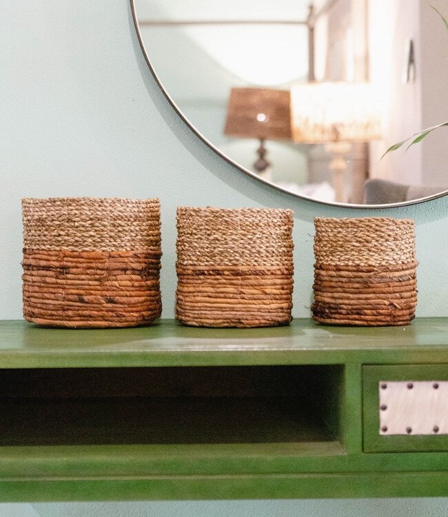 Kleine zeegrasmand BHINNEKA (tweekleurig) | Plantenmand | Kleine opbergmand | Geweven Boho-mand | Plantenbak | Decoratieve mand | Ronde bloemenmand