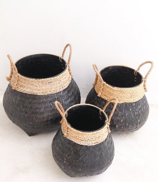 Zwarte plantenmand Decoratieve mand Grote wasmand BENOA (zwart) Handgeweven mand van bamboe en zeegras (3 maten)