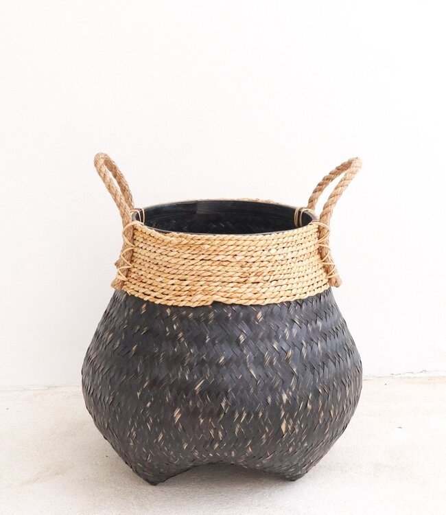 Zwarte plantenmand Decoratieve mand Grote wasmand BENOA (zwart) Handgeweven mand van bamboe en zeegras (3 maten)