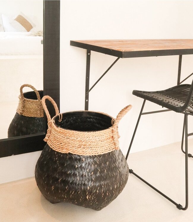 Zwarte plantenmand Decoratieve mand Grote wasmand BENOA (zwart) Handgeweven mand van bamboe en zeegras (3 maten)