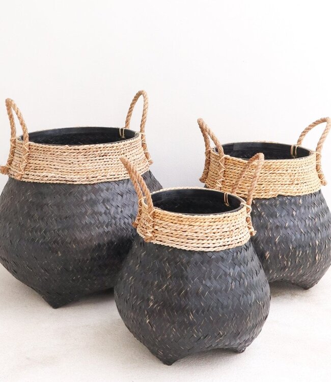Zwarte plantenmand Decoratieve mand Grote wasmand BENOA (zwart) Handgeweven mand van bamboe en zeegras (3 maten)