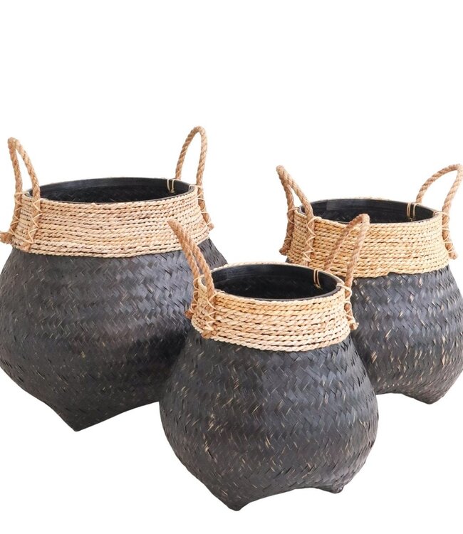 Zwarte plantenmand Decoratieve mand Grote wasmand BENOA (zwart) Handgeweven mand van bamboe en zeegras (3 maten)