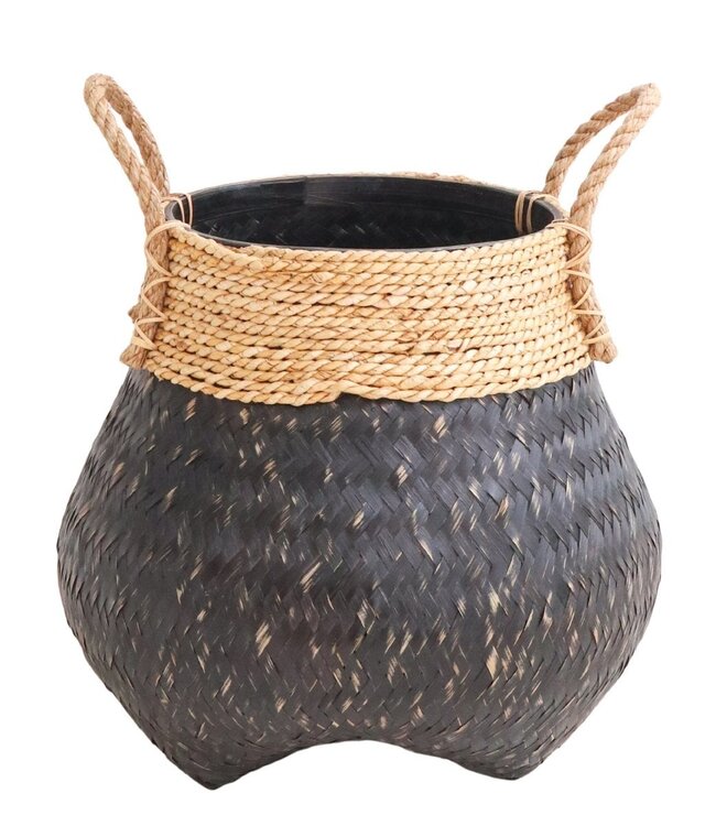 Zwarte plantenmand Decoratieve mand Grote wasmand BENOA (zwart) Handgeweven mand van bamboe en zeegras (3 maten)