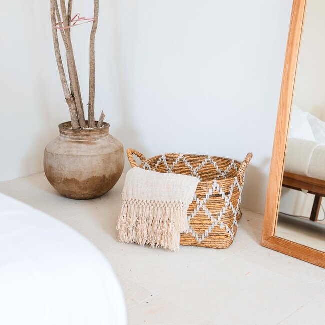 Boho wasmand – vierkante plankmand – geweven opbergmand – plantenmand – decoratieve mand gemaakt van bananenvezel GANDARIA (2 maten)