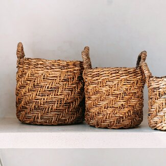 Soeji Boho Wasserij of plantenmand - Ronde geweven opslagmand - Decoratieve mand gemaakt van bananenvezel (3 maten Ø 25/32/38 cm) Rinjani