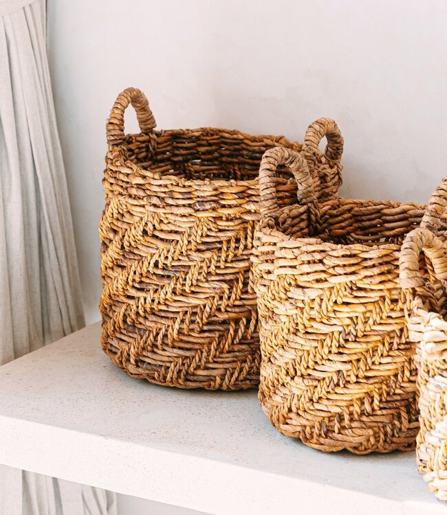 Boho Wasserij of plantenmand - Ronde geweven opslagmand - Decoratieve mand gemaakt van bananenvezel (3 maten Ø 25/32/38 cm) Rinjani