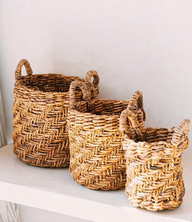 Boho Wasserij of plantenmand - Ronde geweven opslagmand - Decoratieve mand gemaakt van bananenvezel (3 maten Ø 25/32/38 cm) Rinjani