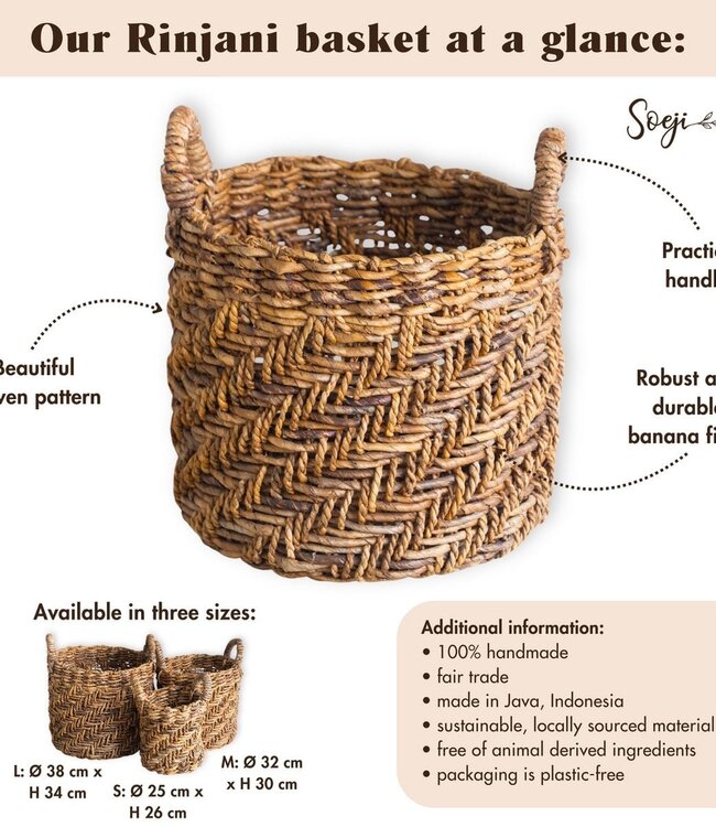 Boho Wasserij of plantenmand - Ronde geweven opslagmand - Decoratieve mand gemaakt van bananenvezel (3 maten Ø 25/32/38 cm) Rinjani
