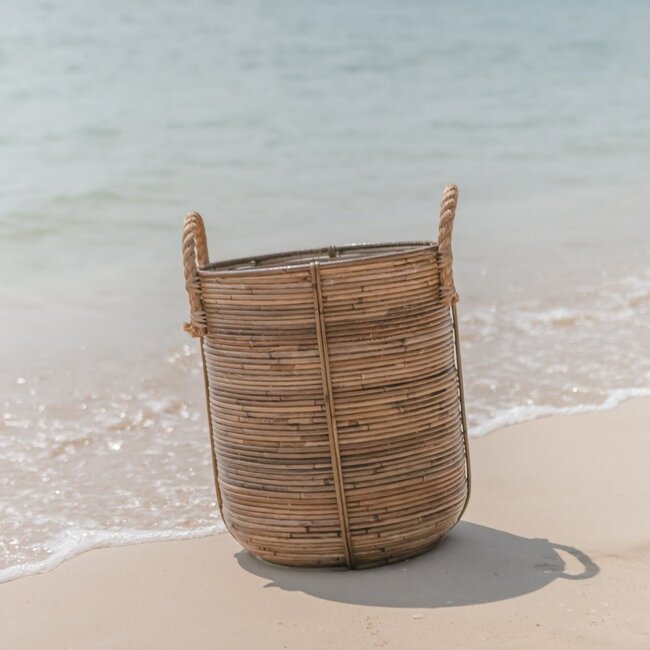 Rotan wasmand rond – rotan plantenmand – grote Boho mand – decoratieve mand handgemaakt van rotan (2 maten Ø 35/40 cm) OTERE