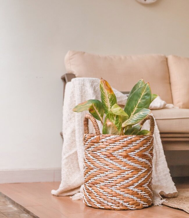 Rond geweven mand met gestreept patroon YALIMO gemaakt van waterhyacint (3 maten)