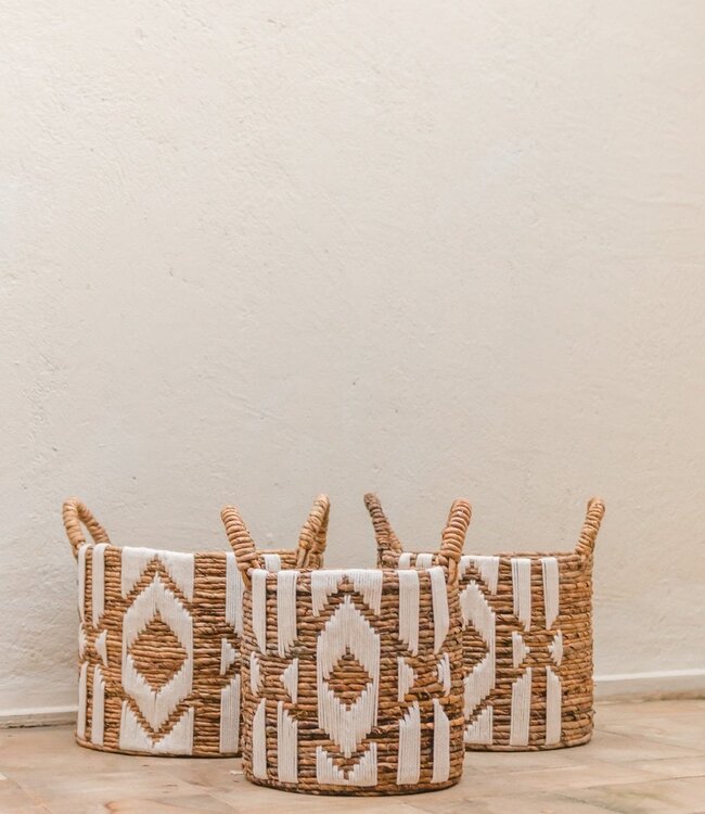 Wasmand Plantenmand Grote opbergmand rond NASARI gemaakt van bananenvezel met een macramé-patroon van katoen