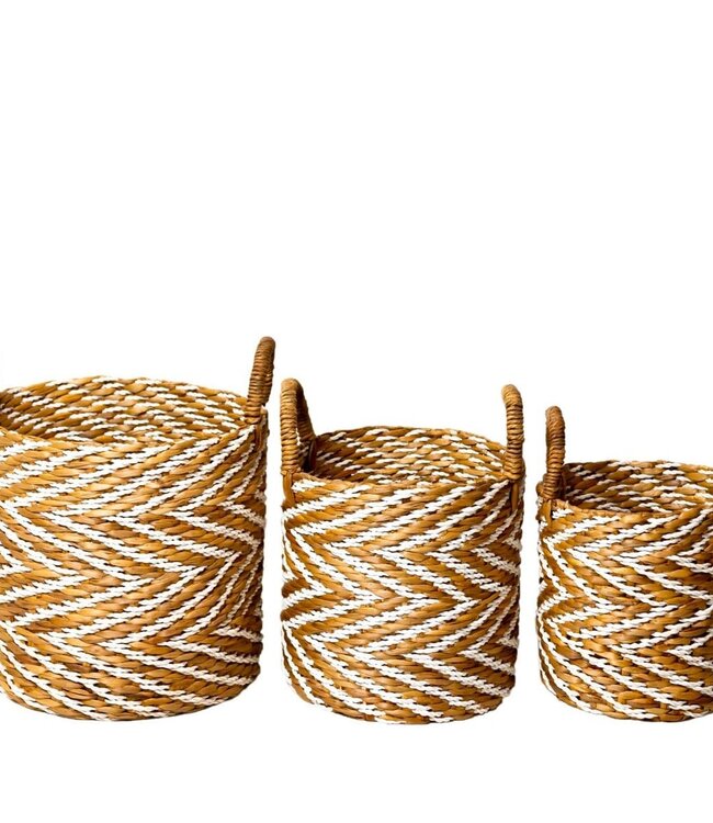 Rond geweven mand met gestreept patroon YALIMO gemaakt van waterhyacint (3 maten)