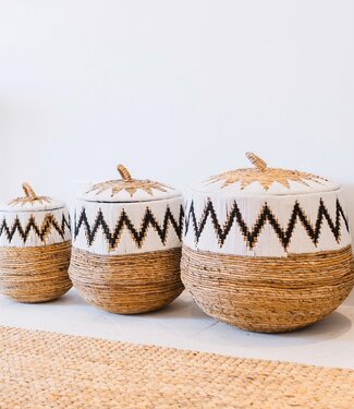 Soeji Wasmand met deksel – Boho Wasmand Rond – Grote Boho Mand – Geweven Mand met Katoenpatroon PALEM (3 maten Ø33/43/55cm)