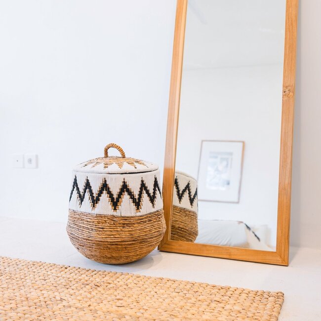 Wasmand met deksel – Boho Wasmand Rond – Grote Boho Mand – Geweven Mand met Katoenpatroon PALEM (3 maten Ø33/43/55cm)