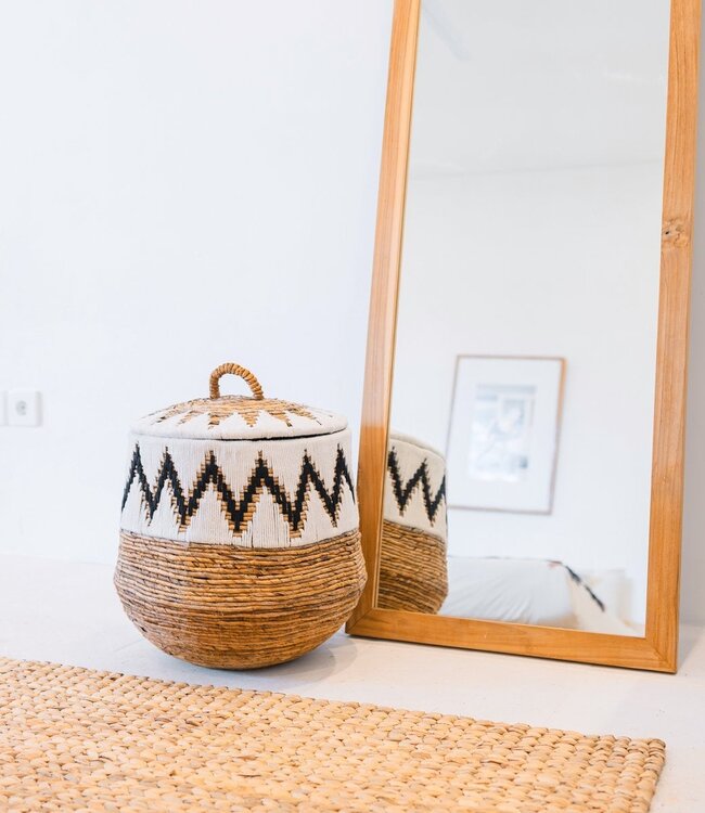 Wasmand met deksel – Boho Wasmand Rond – Grote Boho Mand – Geweven Mand met Katoenpatroon PALEM (3 maten Ø33/43/55cm)