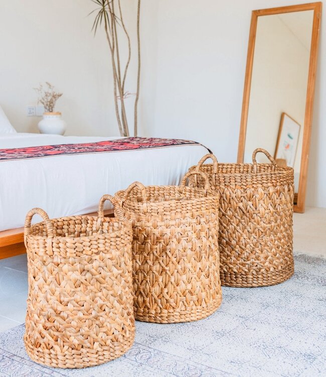 Rond geweven wasmand – Boho plantenmand – wasmand bruin – grote mand van waterhyacint RAJA (3 maten Ø 35/40/50 cm)