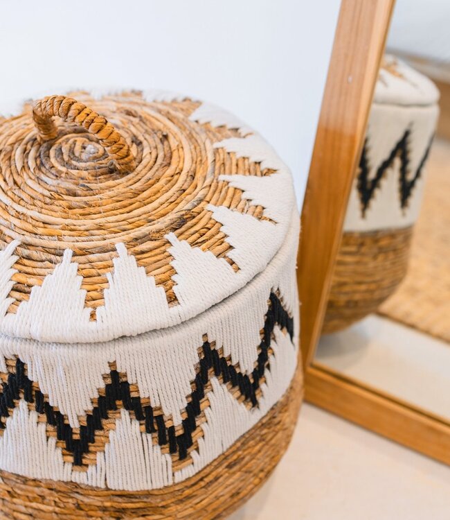 Wasmand met deksel – Boho Wasmand Rond – Grote Boho Mand – Geweven Mand met Katoenpatroon PALEM (3 maten Ø33/43/55cm)