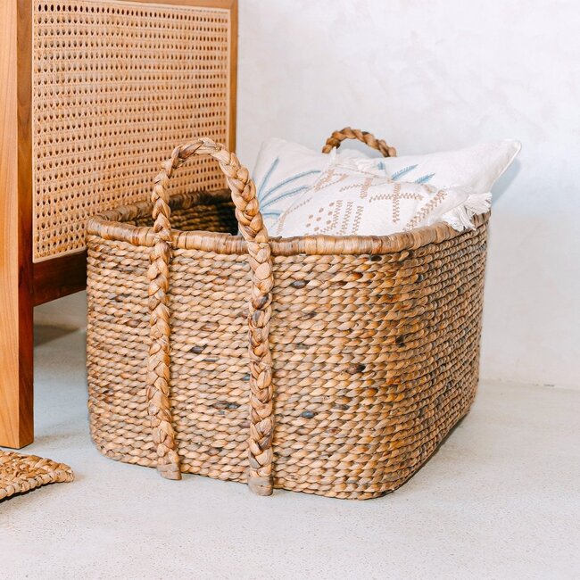 Extra grote wasmand - vierkante boho -mand - geweven decoratieve mand - opslagmand gemaakt van natuurlijke waterhyacint (2 maten) mentari