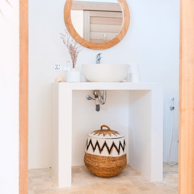 Wasmand met deksel – Boho Wasmand Rond – Grote Boho Mand – Geweven Mand met Katoenpatroon PALEM (3 maten Ø33/43/55cm)