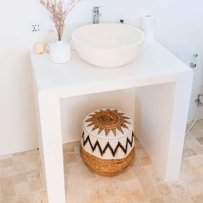 Wasmand met deksel – Boho Wasmand Rond – Grote Boho Mand – Geweven Mand met Katoenpatroon PALEM (3 maten Ø33/43/55cm)