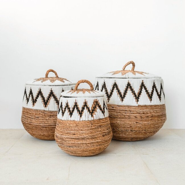 Wasmand met deksel – Boho Wasmand Rond – Grote Boho Mand – Geweven Mand met Katoenpatroon PALEM (3 maten Ø33/43/55cm)