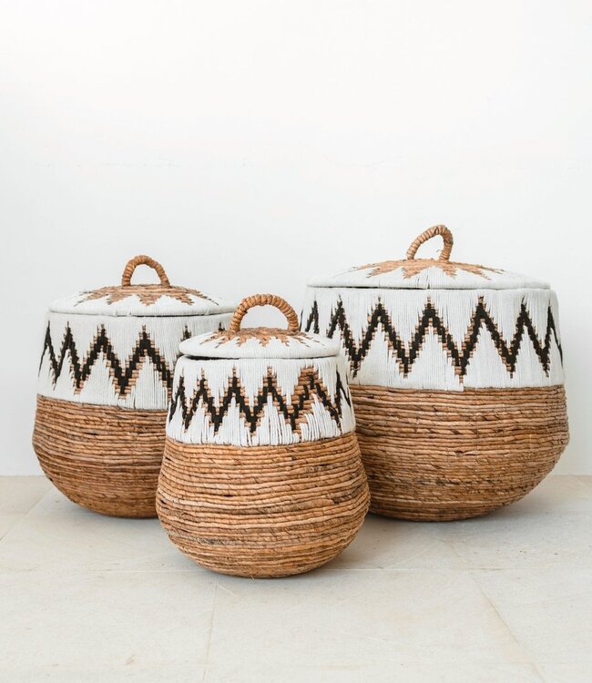 Wasmand met deksel – Boho Wasmand Rond – Grote Boho Mand – Geweven Mand met Katoenpatroon PALEM (3 maten Ø33/43/55cm)