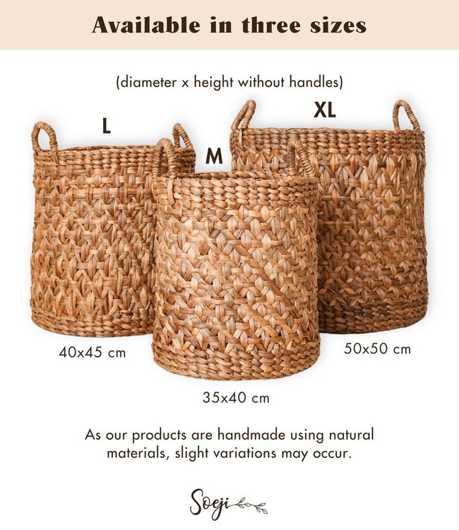 Rond geweven wasmand – Boho plantenmand – wasmand bruin – grote mand van waterhyacint RAJA (3 maten Ø 35/40/50 cm)