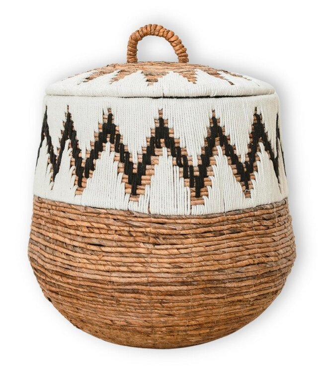 Wasmand met deksel – Boho Wasmand Rond – Grote Boho Mand – Geweven Mand met Katoenpatroon PALEM (3 maten Ø33/43/55cm)