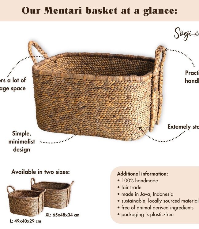 Extra grote wasmand - vierkante boho -mand - geweven decoratieve mand - opslagmand gemaakt van natuurlijke waterhyacint (2 maten) mentari