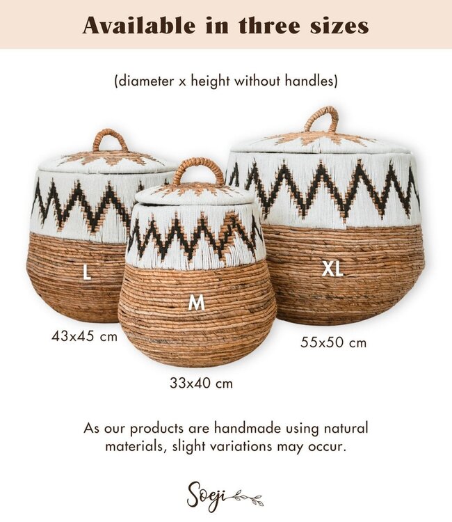 Wasmand met deksel – Boho Wasmand Rond – Grote Boho Mand – Geweven Mand met Katoenpatroon PALEM (3 maten Ø33/43/55cm)