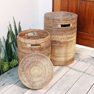 Soeji Grote wasmand met deksel - geweven ronde mand - bruine boho opslagmand - decoratieve rotan mand (2 maten Ø 36/40 cm) sari (bruin)