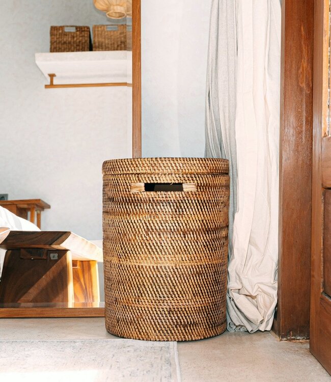 Grote wasmand met deksel - geweven ronde mand - bruine boho opslagmand - decoratieve rotan mand (2 maten Ø 36/40 cm) sari (bruin)