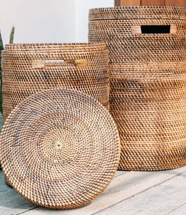 Grote wasmand met deksel - geweven ronde mand - bruine boho opslagmand - decoratieve rotan mand (2 maten Ø 36/40 cm) sari (bruin)