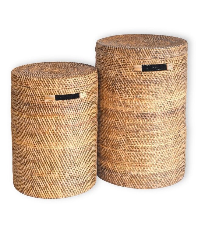 Grote wasmand met deksel - geweven ronde mand - bruine boho opslagmand - decoratieve rotan mand (2 maten Ø 36/40 cm) sari (bruin)