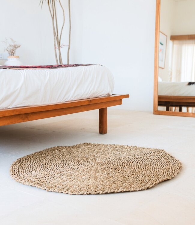 Zeegrasvloerkleed rond 100/120 cm – vloerkleed in bohostijl – rond vloerkleed naturel – handgeweven beige natuurvloerkleed (2 maten) LOKA
