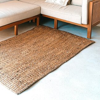 Soeji Vierkant Boho-vloerkleed gemaakt van natuurlijke vezels-handgeweven vloermat-rechthoekig bruin tapijt-groot water hyacint tapijt 180x115 cm sawah