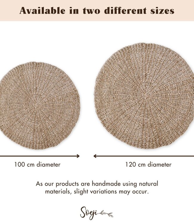 Zeegrasvloerkleed rond 100/120 cm – vloerkleed in bohostijl – rond vloerkleed naturel – handgeweven beige natuurvloerkleed (2 maten) LOKA