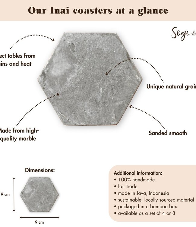 Marmeren onderzetters grijs – zeshoekige onderzetters voor mokken of glazen – handgemaakte onderzetters set van 4 of 8 INAI (grijs)
