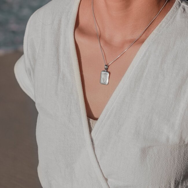 Sierlijke ketting met hanger - zilveren 40 cm ketting gemaakt van 925 zilver - abstract gezicht gegraveerd - LOVINA zilver