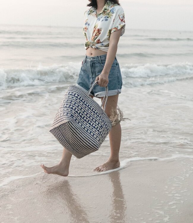Blauwe boodschappentas | Strandtas | Shopper KIDUL gemaakt van rotan