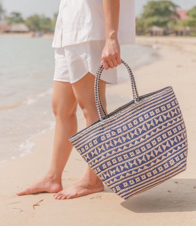Blauwe boodschappentas | Strandtas | Shopper KIDUL gemaakt van rotan