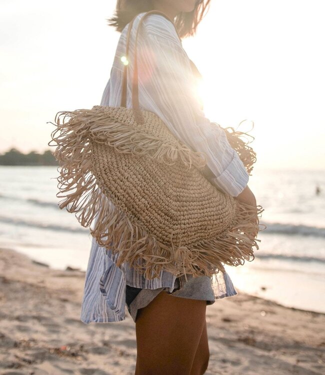 Beige schoudertas met franjes Strandtas Tote Boodschappentas SUMBAWA