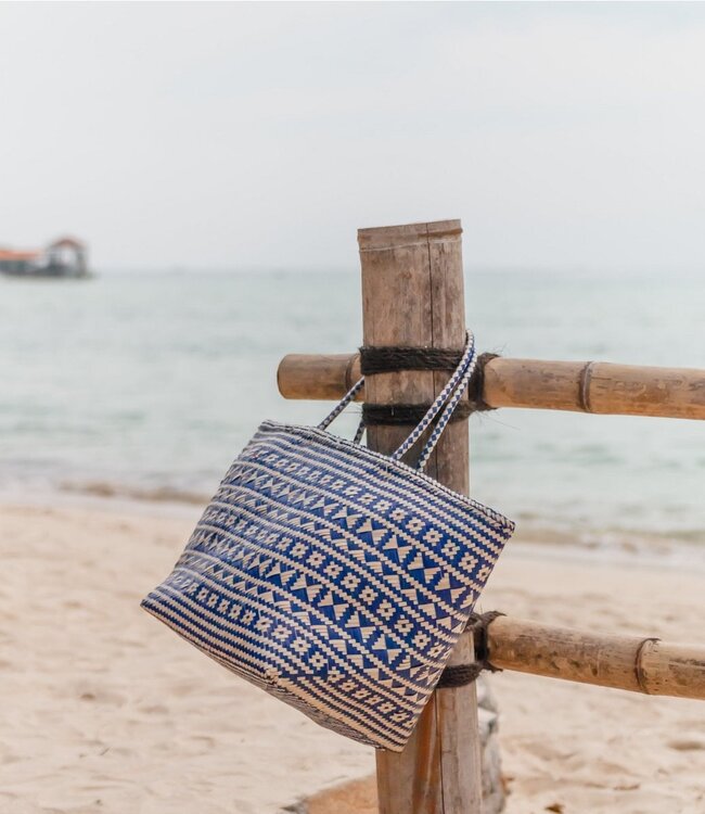 Blauwe boodschappentas | Strandtas | Shopper KIDUL gemaakt van rotan